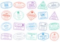 Passport stamp set. Visa stamps for travel. International airport sign. Immigration, arrival and departure symbols Royalty Free Stock Photo